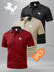 3-Piece S8-02 Leaping Horse Logo New Men's Fashion Casual Sport Short Sleeve Turn-Down Collar Polo Shirts - Quick-Dry Fabric, Lightweight and Breathable, Regular Fit for Versatile Styling, Ideal for Daily Wear, Golf, Polo, and Training
