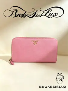 Pre-owned PRADA Pink Saffiano Leather Zip Around Wallet | Gold Logo, Everyday & Travel Card Holder