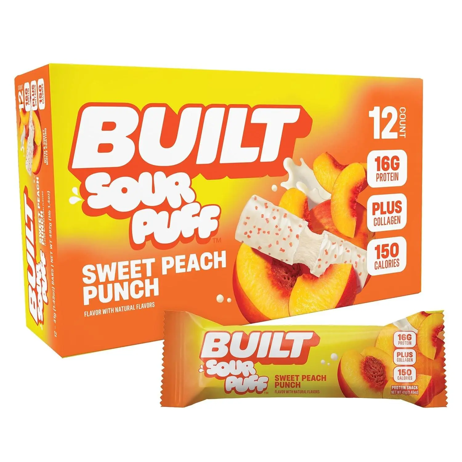 BUILT Sour Puff Protein Bar Sweet Peach Punch 1.41 oz 12 ct