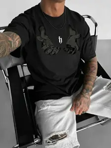 Men's Gothic Hand Graphic Oversized T-Shirt, Casual Menswear Lightweight Breathable Polyester, "Praying Hands" Monogram Print, Trendy Streetwear, Casual Street Fashion, Quick-Dry Athletic Fabric, Ideal for Daily Wear, Urban Outings