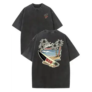 Retro Hawaiian Print Washed Cotton T-Shirt (230g) — Crew Neck, Short Sleeve, Featuring Beach & Surfboard Designs. Perfect for a Summer Vibe and Holiday Gifting. | Summer Apparel | Surf-Themed Clothing | Aloha-Style Shirts