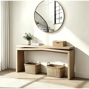 65-Inch Rustic Solid Wood Veneer Console Table - Wood Grain, Split Sled Base, 150 lbs Weight Capacity - Farmhouse Entryway Table for Living Room Home Decor, Console Table Entryway
