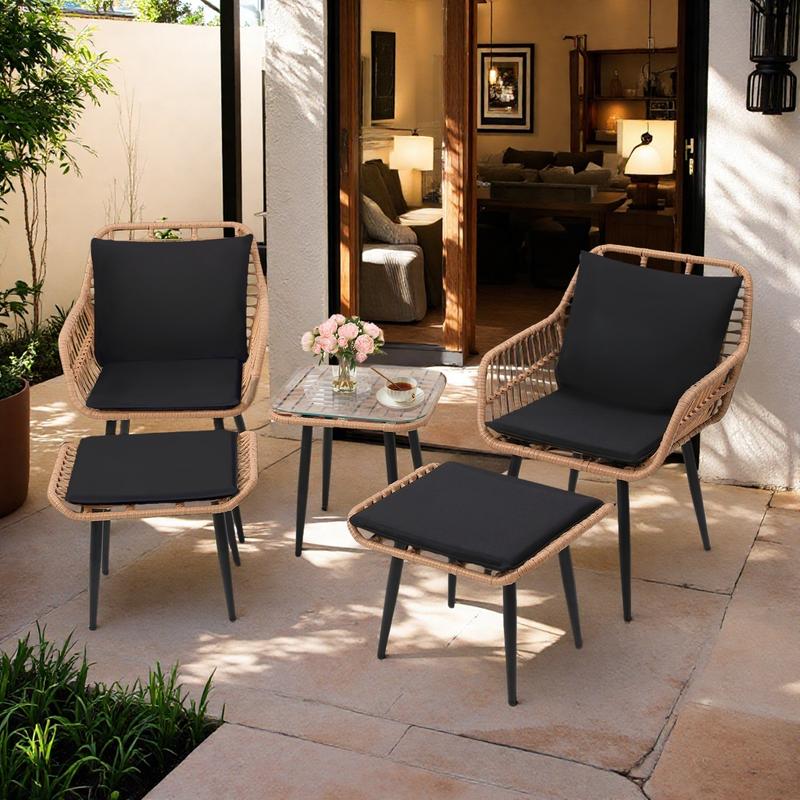 5 Piece Wicker Bistro Patio Conversation Furniture Set, Includes 2 Chairs, 2 Ottomans, and Side Table, Ideal for Porch, Balcony, Deck, Backyard, Natural