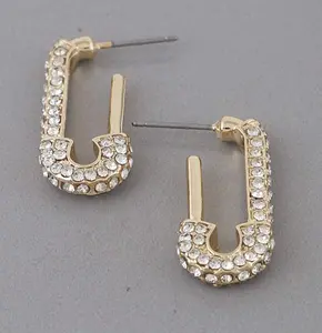 Gold Rhinestone Safety Pin Earrings