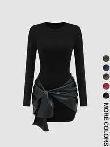 Women's patchwork knotted side ruched long-sleeved mini dress Basic Casual Wear, Elegant, Formal, Versatile, Comfort, Style, Outfit, Essential, Trendy, Chic, Classy, Modern, Stylish, Daily, Perfect for Every Day