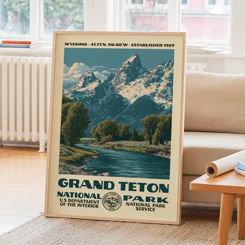 Grand Teton National Park Vintage WPA Poster, Nature Landscape Wall Art Decor,