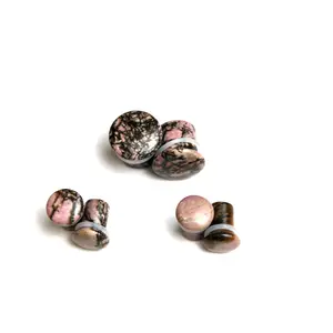 Rhodonite Stone Single Flare Plugs - Pink and Black Webbed Gauges Pair