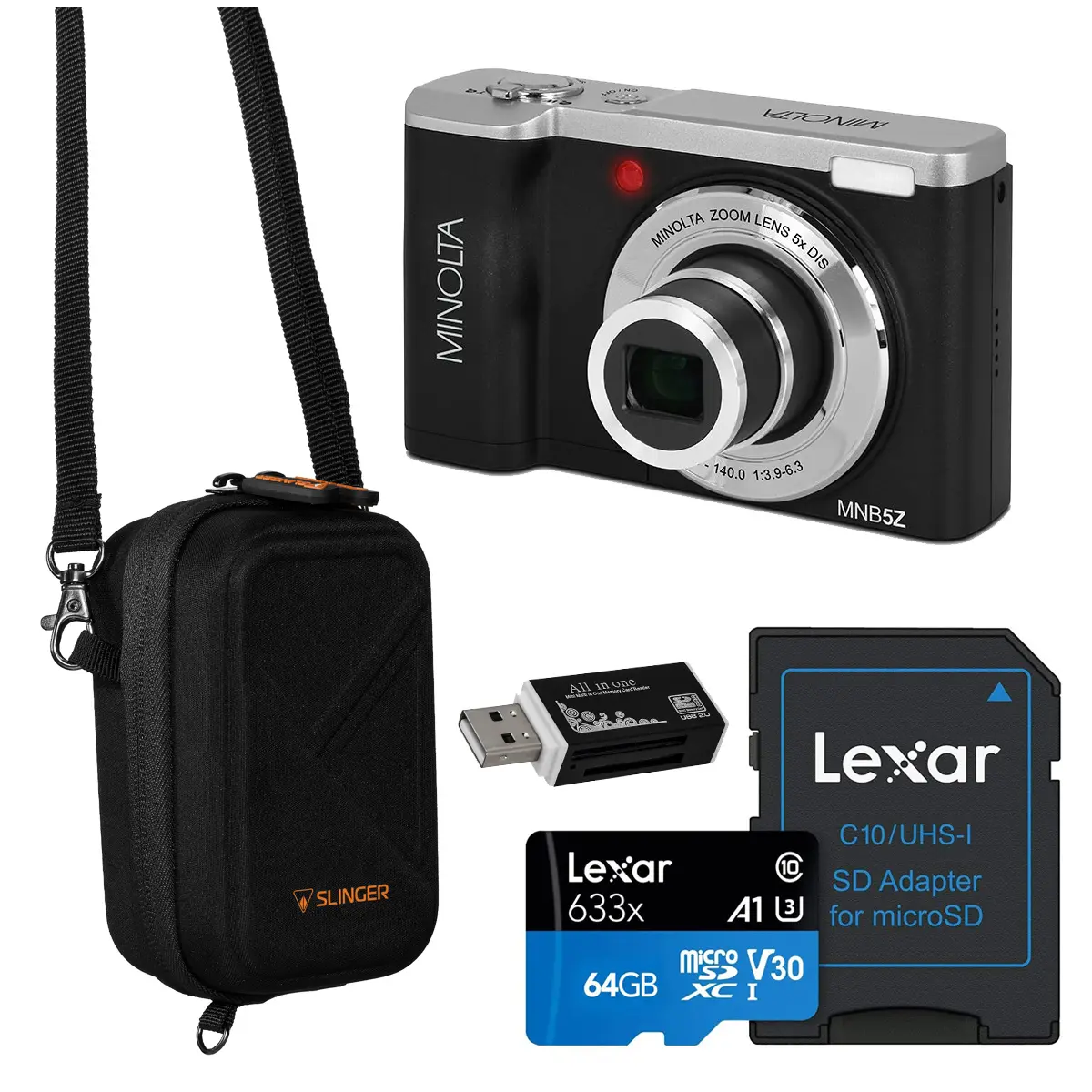 Minolta MNB5Z 56MP 5K Ultra HD 2.8" LCD Screen Digital Camera, Black, Bundle with Camera Case, 64GB Memory Card, Multi Card Reader