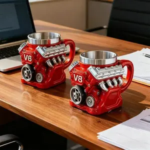 Engine Theme Coffee Cup, Vintage Realistic V8 Engine Stainless Steel Mug, Personalized Dual-Layer Insulated Car Cup, Perfect Gift for Father's Day