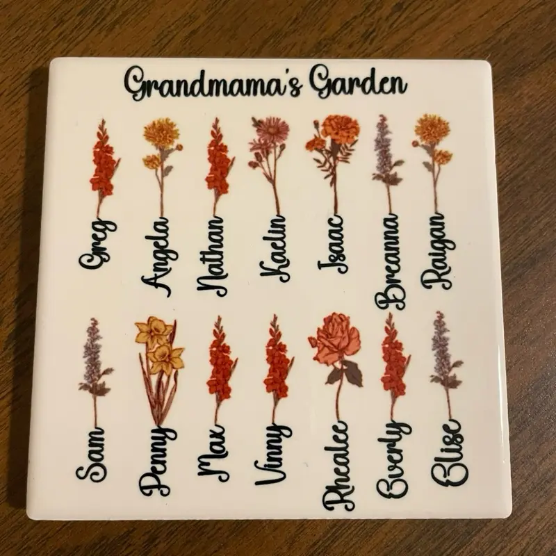 Grandmas Garden Ceramic Coaster with Grandkids Names and Birth Flowers Personalized Gift for Grandparents