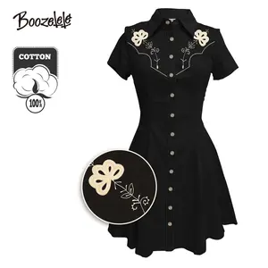 [Embroidery]Boozelele Embroidery Vintage Flower 100% Cotton Dress,Womenswear,Western Style,Cowgirl Dress For Women Button-down Dress,Shortsleeve, Casual
