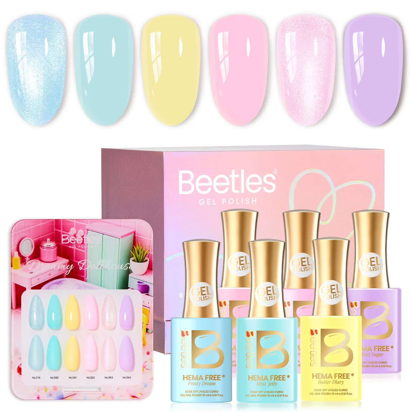 Beetles Gel Nail Polish Set - 6 Colors Hema-Free Gel Nail Kit Spring Pink Yellow Blue Glitter Shimmer Soak Off UV LED DIY Gel Nail Art Gifts for Women