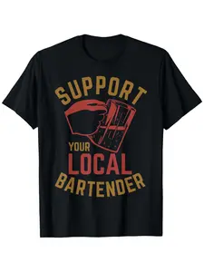 Support Your Local Bartender T-Shirt - Heavyweight 100% Unisex Bar Apparel with Bartender Fist & Drink Mixing Graphics - Black with Red Accent Casual Tee for Bartenders & Patrons - Sizes S-XXXL - Machine Washable All-Season Comfort Fit for Bars, Parties &