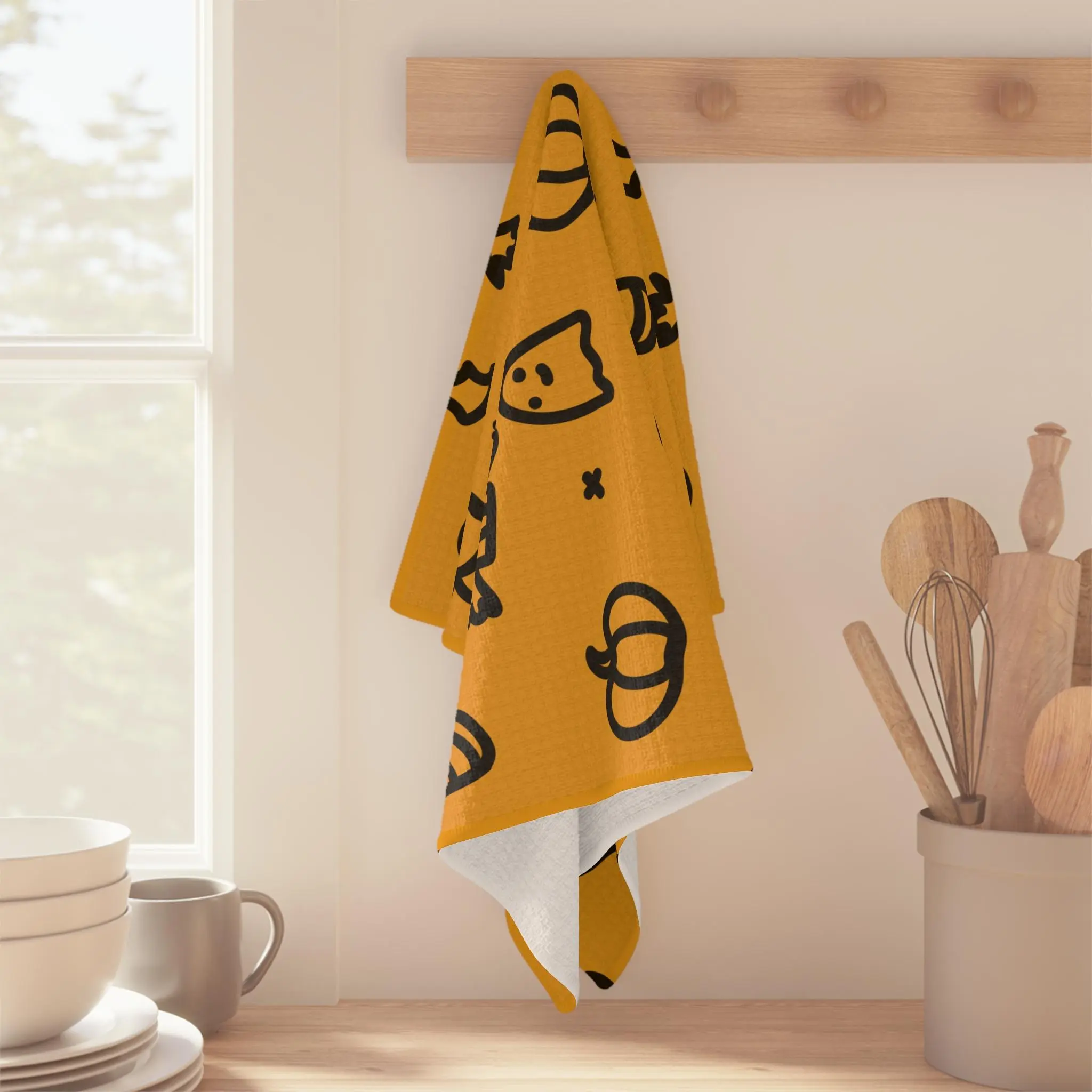 Microfiber Tea Towel, 16x25", Halloween Themed with Ghosts-Pumpkins-Candy Patterns, Orange Spooky Design, Absorbs Fast, Casual Playful Home-Bathroom Towel