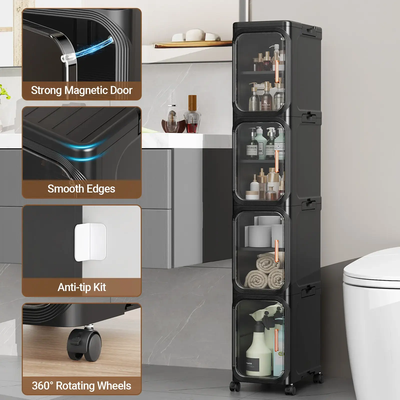[DealsForYouDays] A PLUS MAX 4 Tier Slim Bathroom Storage Cabinet, Foldable and Movable, White | Tools Free, ABS and PET, Magnetic Clear Door, Adjustable Shelves, Lockable Wheels, Water Resistant, For Narrow Space
