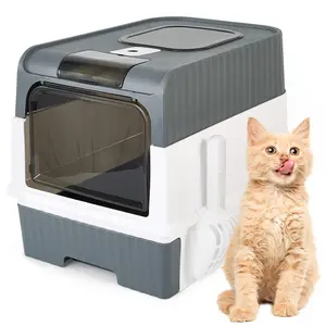 Cat Litter Box with Scoop, Foldable Litter Box with Lid, Front Entry Top Exit Kitty Box, Odor Control, Easy to Clean Closed cat litter box
