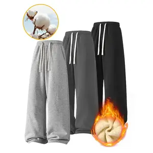 Men’s solid thermal-lined fleece pants with a drawstring waist, thickened for warmth; casual, comfortable regular fit straight-leg trousers for fall and winter menswear; socks; beige; light linen; gray; plain.