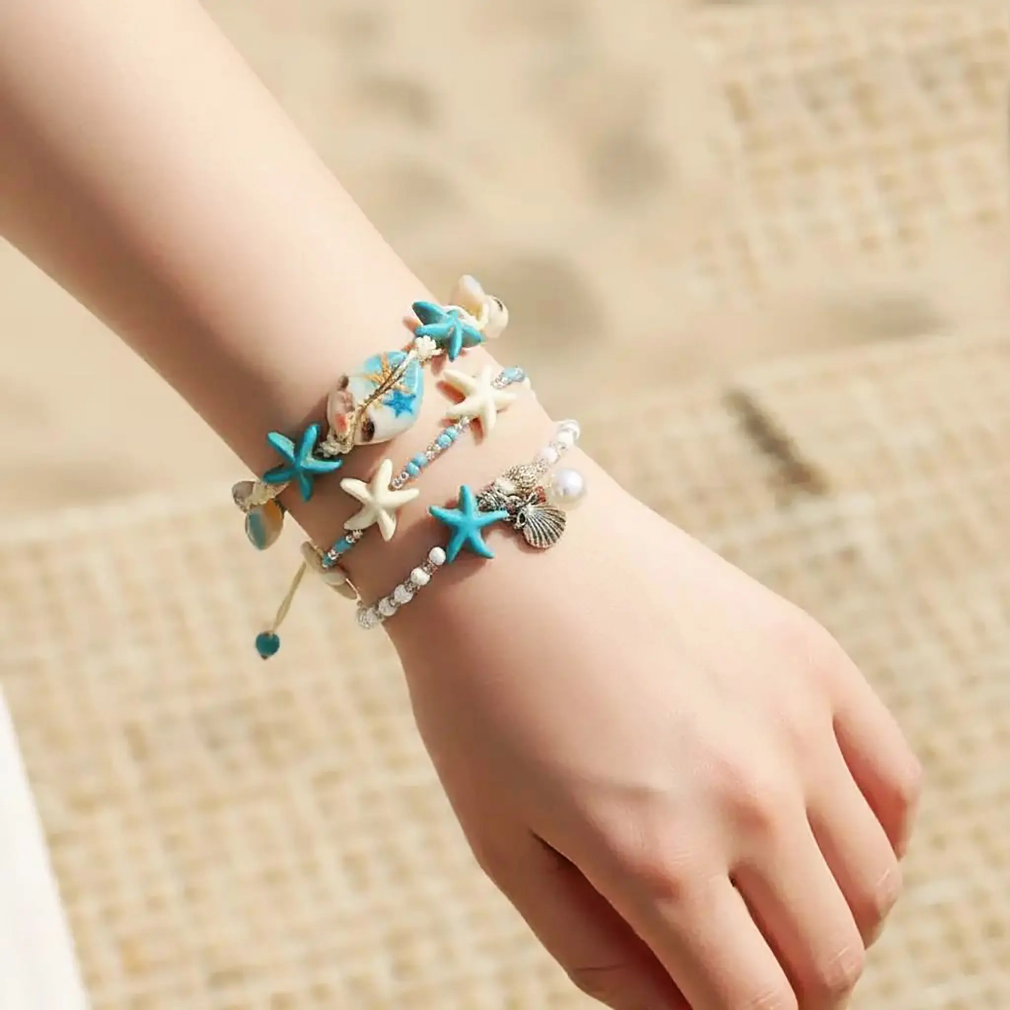 3PCS Blue Plastic Acrylic Friendship Bracelets - Artificial Seashell Accents, Bracelet Stacking Arm Candy Accessories for Best Friends, Summer Beach Adventure, Coastal Costume Jewelry