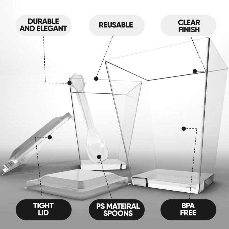 5oz Crystal Plastic Dessert Cups with Lids & Spoons - Disposable Square Parfait Cups for Mousse, Tiramisu, Pudding, Party & Catering