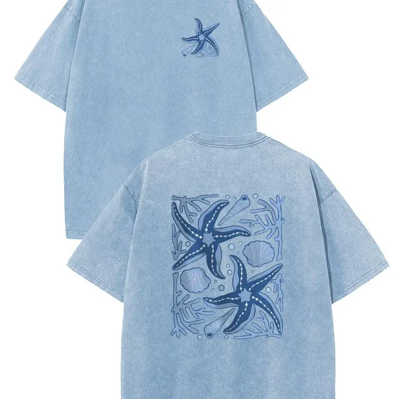 Holafish Cotton Crewneck Starfish Pattern Acid Washed T‑Shirt Retro Dual‑Side Graphic Printed Unisex Fashion Tees Summervibes Casual Top 2026