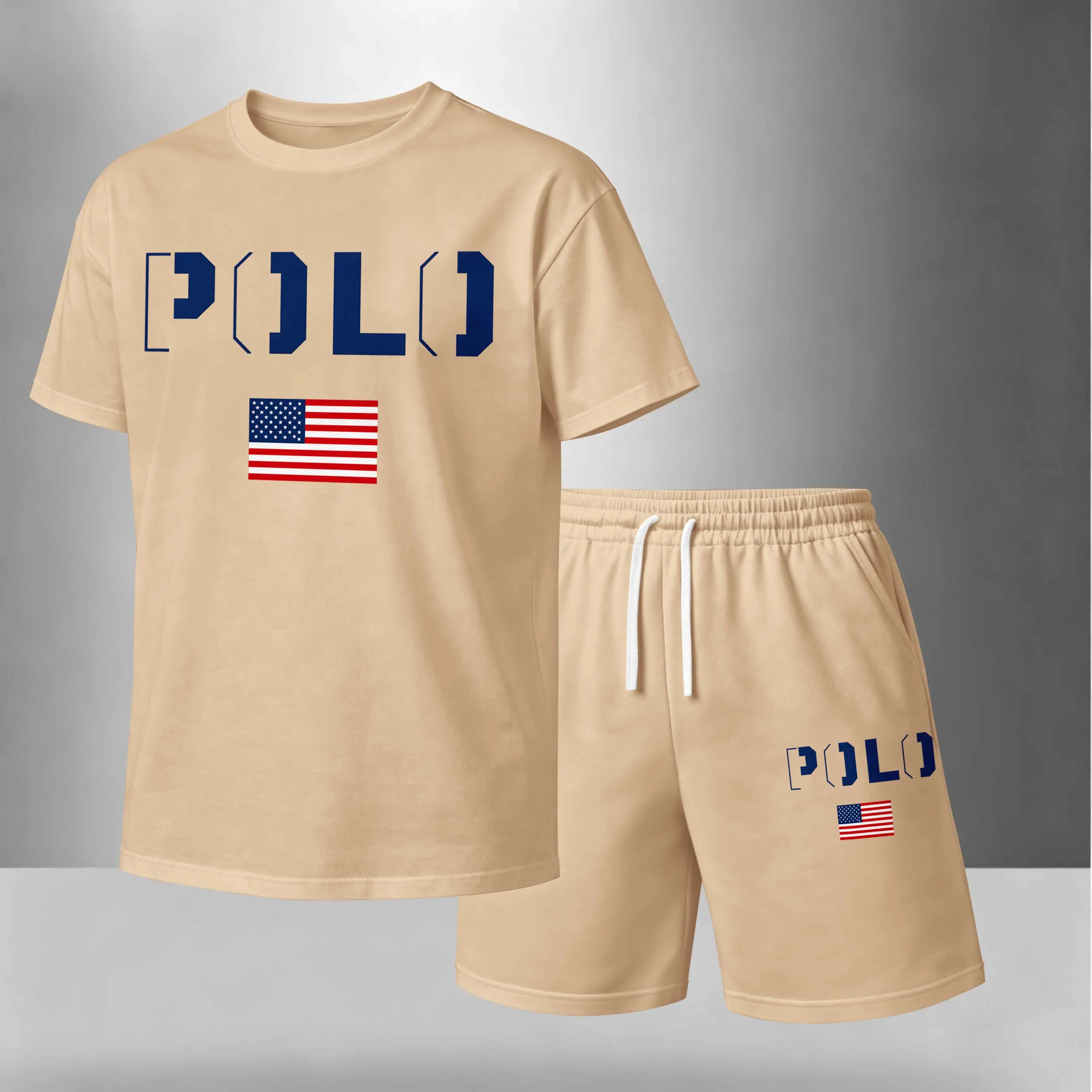 Men's 2-Piece Menswear Set - Polyester Blend Minimalist Athletic Fabric, Soft Loose Short-Sleeve Round Neck USA Flag Letter Print T-Shirt & Drawstring Shorts, Lightweight Breathable Casual Outfit for Vacation, Daily Wear