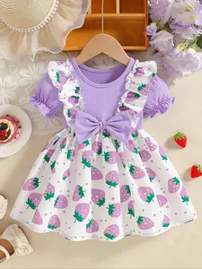 Single Item Summer Strawberry Dress, Fruit print dress for Baby Girl with Bubble Sleeves, Princess Dress, Comfortable and Breathable Fabric, A-line Skirt, Suitable for 0-3 Year Old Baby Girls, Daily Outing