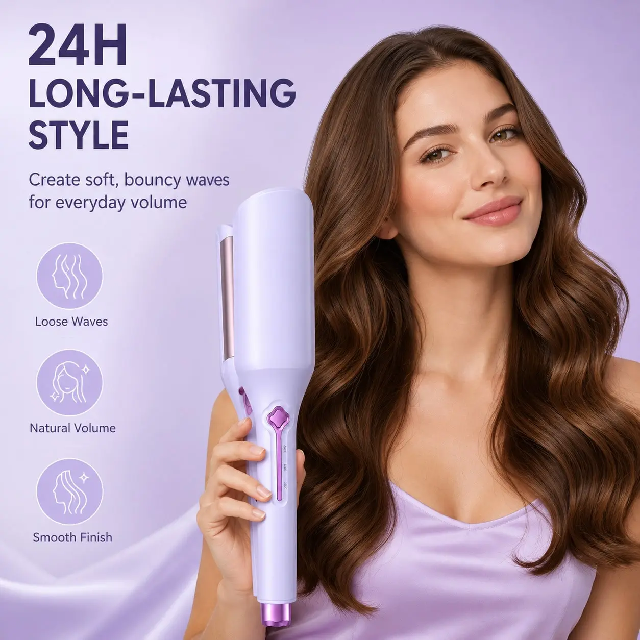 36mm W-Shaped Hair Curler, Large Barrel Curling Iron for Loose Waves, 3 Heat Settings 320°F/356°F/428°F, Negative Ion Hair Waver for Smooth Shiny Hair, Compact Hair Styling Tool for Home & Dorm Use, Purple