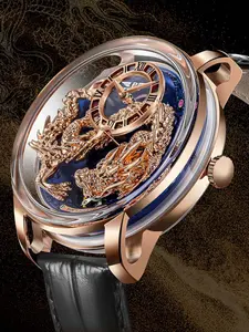 PINDU Personalized Gold Silver Dragon Dial Automatic Mechanical Men's Watch, 5ATM Waterproof, Sapphire Glass, Genuine Leather Strap