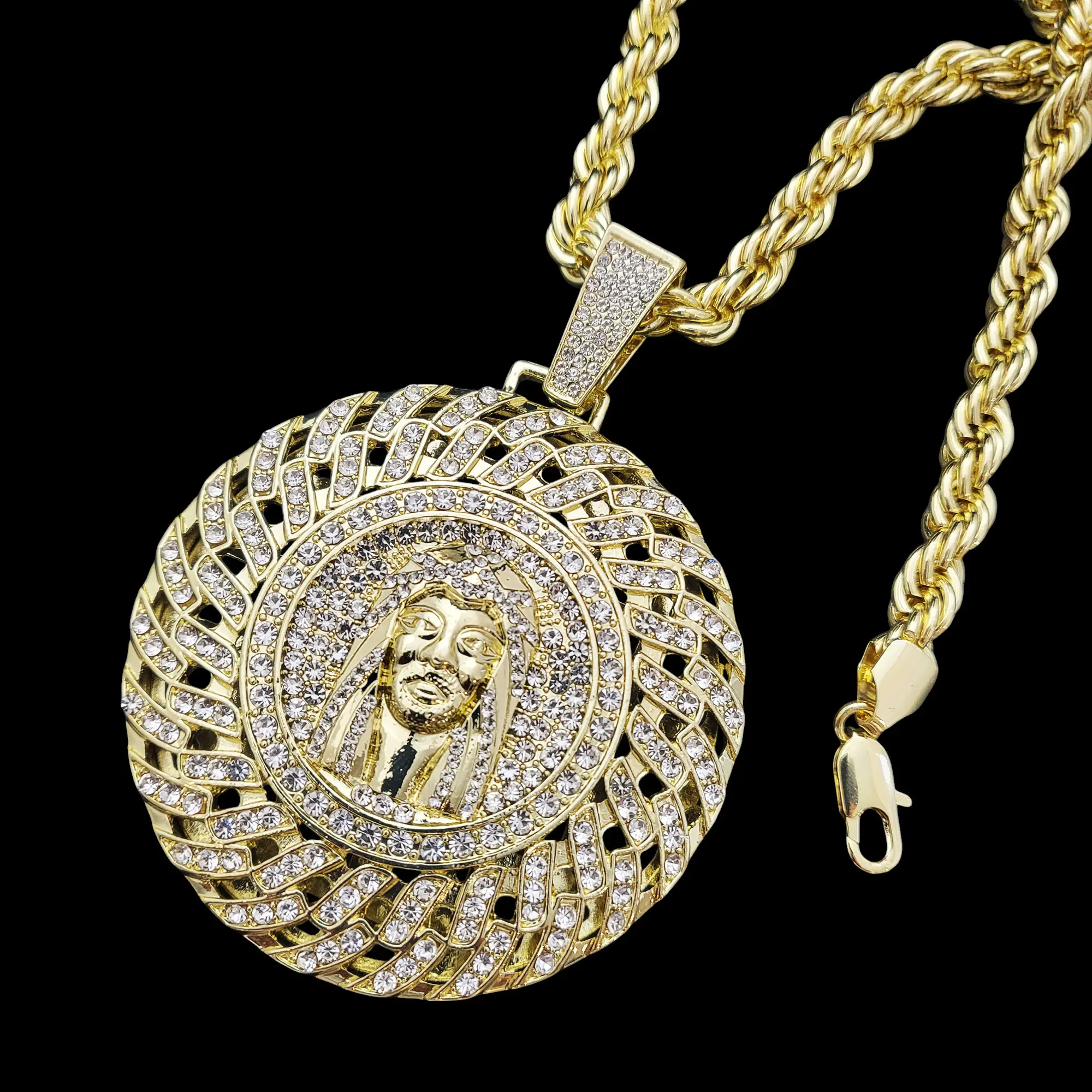 MaxBling81 Men's Gold-Plated Statement Necklace with Jumbo Iced Out Jesus Pendant and 8mm 24-inch Hip Hop Rope Gold Chain for Casual Daily Wear, Jesus Image, Gold Chain Accent Necklaces