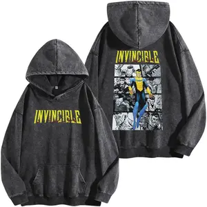 Retro Hero War Graphic Washed Hoodie, Oversized Vintage Comic Tee, Lightweight Cotton Streetwear