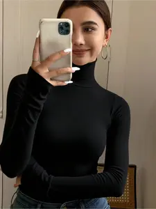Women's Fall Winter Basic Minimalist Vintage Elegant Casual High Neck Long Sleeve Knit Pullover, Slim Fit Daily Wear Knitwear