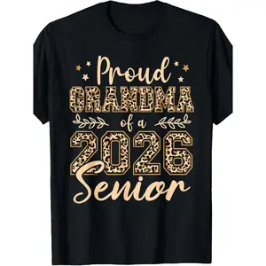 Women's Plus Size 0XL-5XL Class of 2026 Grandma Pride T-Shirt - Proud Grandma of a Graduate & Senior 2026 Golden Lettering & Leopard Print Design, Casual Round Neck Short Sleeve Graduation Party Outfit for Oversized Graphic