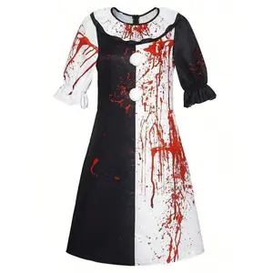 1pcWomen'sBloodyClownPrintColor-BlockDress,HorrorCharacterCosplayStagePerformanceOutfit