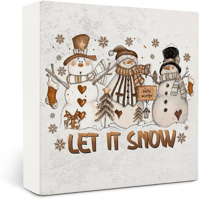 Brown Snowman Winter Christmas Wooden Box Sign Desk Decor, Snowman Christmas Decorations, Winter Wood Block Sign for Home Office Desk Table Shelf Wall Decorations, 5x5 Inch