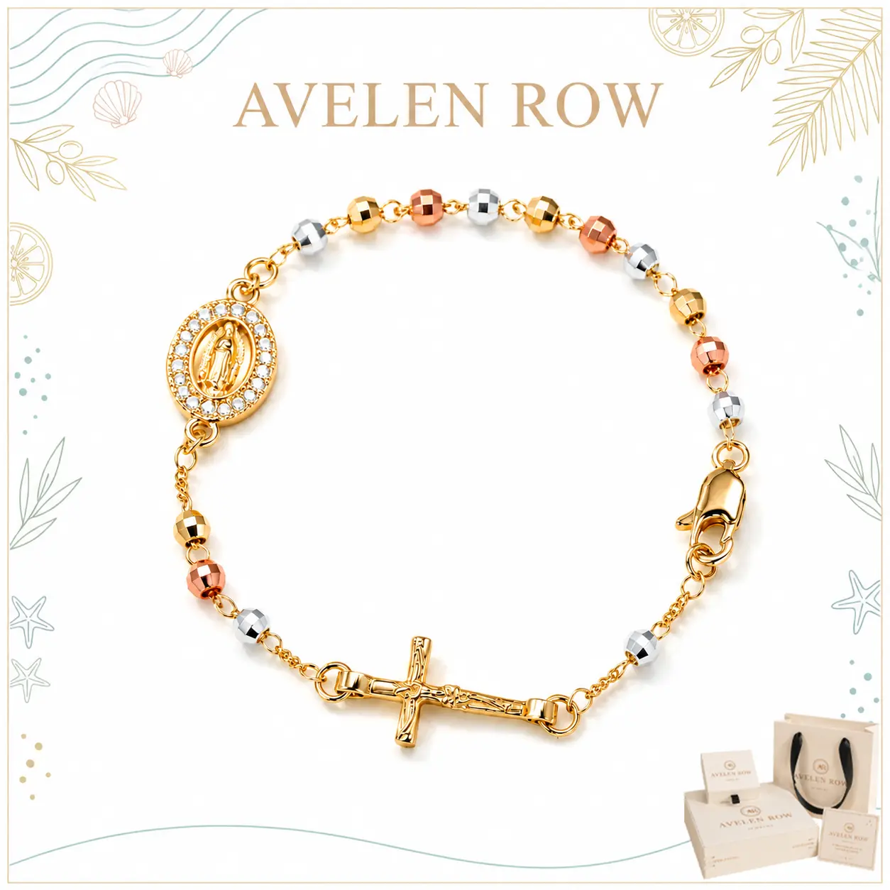Women's Rosary Bracelet with Multicolored Crystal Beads, Gold-Tone Adjustable 7.1 in Hypoallergenic Religious Jewelry with Guadalupe & Cross Charms, Everyday, Birthday, Daily