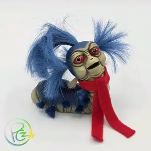 Labyrinth Worm Sculpture with Blue Hair and Red Scarf Collectible Art Figurine