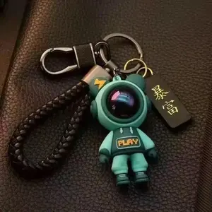 Cute Astronaut Bear Keychain with Loop and Braided Rope, Unisex Fashion Accessory for Keys, Bags, Parties, All Seasons, Gift Idea
