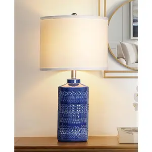 24.5" Navy Blue Table Lamp Modern Bedside Ceramic Lamps for Living Room 3-Way Dimmable Entryway Nightstand Farmhouse Lamp for Home Office Bedroom, Bulb Included