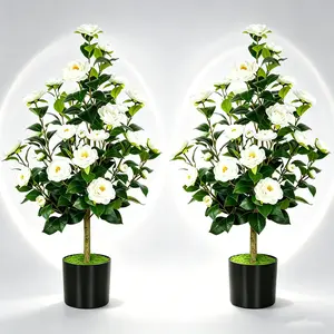 DLDA 2-Piece 35-Inch Artificial White Camellia Potted Trees, 24-Flower Faux Plants for Spring Easter Wedding Decor, Indoor Outdoor Porch Front Door Home Accents