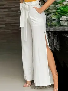 Women's High Waist Bow Tie Wide Leg Pants 2025, Solid White Palazzo Pants with Side Slit & Pockets, Casual Flowy Trousers, Trendy Streetwear, Elegant Office Workwear, Versatile for Summer, Beach Vacation, Date Night, Brunch, Women's Relaxed Fit High Waist