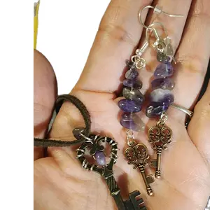 Keys to Your Heart Necklace and Earrings Set with Decorative Elements and Key Charms, Featuring Amethyst Stones and Silver Copper
