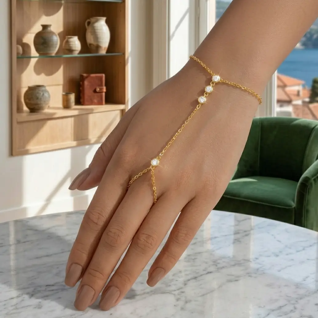 Hand Chain Bracelets for Women Trendy Fashion Bracelet Stackable Bracelets 2 Piece Adjustable Finger Ring Bracelet Stack Dainty 14K Gold Plated CZ Layered Beaded Hand Chains Jewelry Gifts