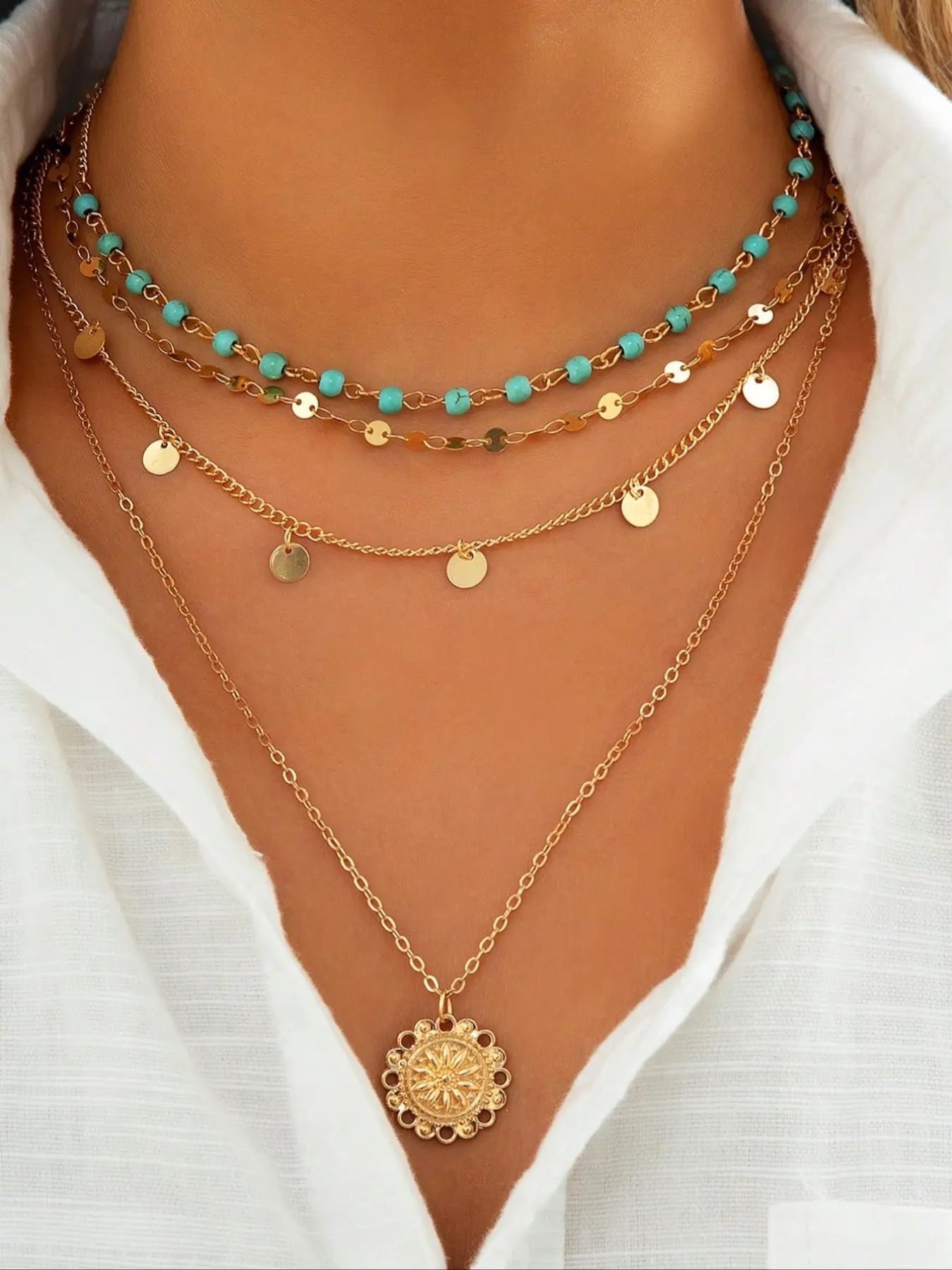 Boho Turquoise Necklace with Y-Shaped Pendant, Soft Multi-Step Design, Casual Beach Fashion Accessory for All Seasons Wear