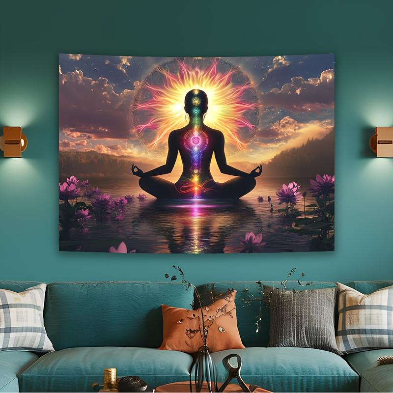 Elegant for Lotus Meditation Tapestry with Woman Silhouette - Vibrant Chakra & Mindfulness Decor, Polyester, No Power Needed - Perfect for Living Room, Bedroom, Office, Party - Unique Gift Idea, Zen Home Decor