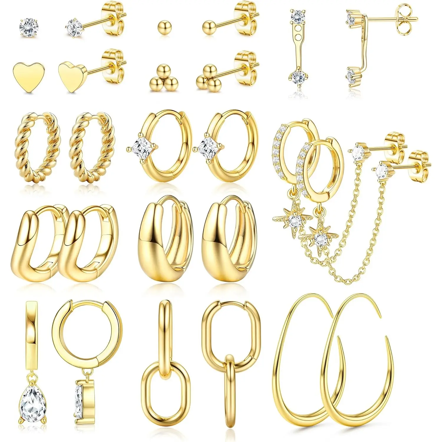 FIASASO Women's 13-Pair Small Hoop Earrings Set - Hypoallergenic 14K Gold-Plated Huggie Ear Studs, Dangle Earrings for Multiple Piercings, Dainty Non-Tarnish Lightweight Cartilage Jewelry Gift