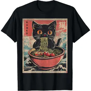 180g[100%cotton]Comfort Cotton Cat Ramen Japanese Fun Graphic Tees Kawaii Cat Anime Gifts T-Shirt