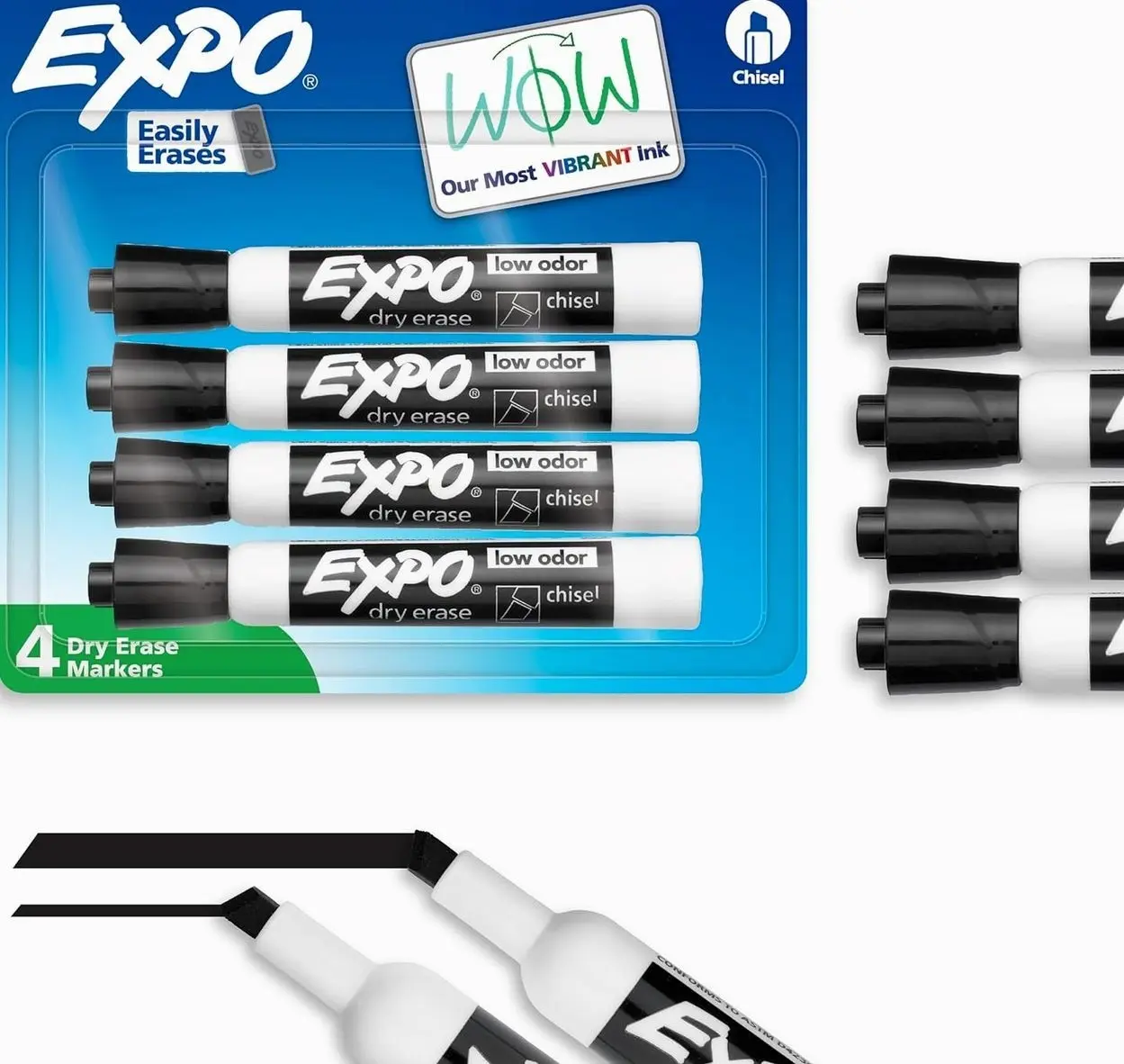 EXPO Dry Erase Markers, Low Odor Ink, Black, Chisel Tip, 4 Count - Whiteboard, Calendar, Organization, Essential Supplies for Office, School, Classroom, Teachers