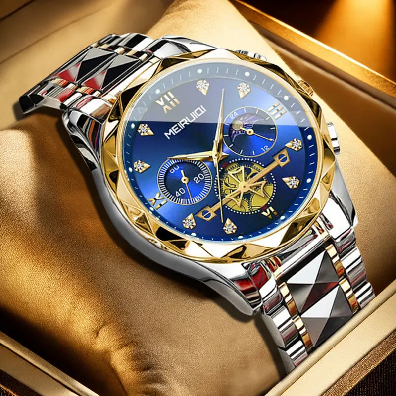 Men's Fashion Analog Quartz Wristwatch - Blue Round Face, Gold Frame, Stainless Steel, Multi-Functional Waterproof Wristwatch for Business Wear, Stainless Steel Wristwatch