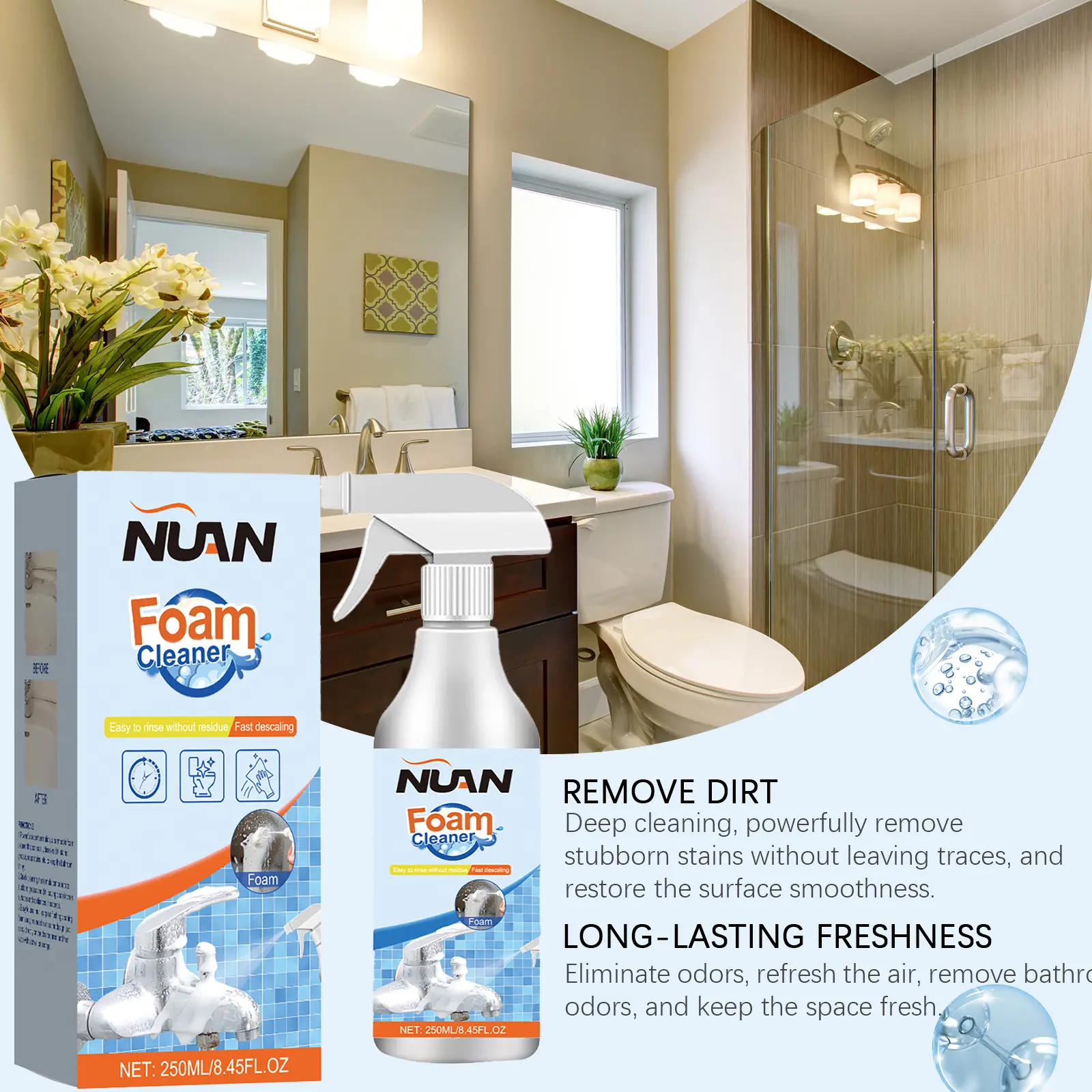 Household Multi-Use Deep Cleaning Bathroom Foam Cleaner Spray - Targets Tough Stains, Limescale, Grime, Mold on Glass, Ceramic, Metal, Plastic, Mirrors, Bathtubs, Showers, Toilet Areas - Leaves Surfaces Gleaming