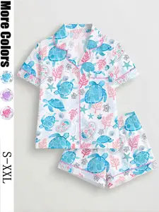 Women's Turtle Print Sleepwear Set, Short Sleeve Button-Up Top & Elastic Shorts, Casual All Seasons Pajamas, Comfortable Home Wear